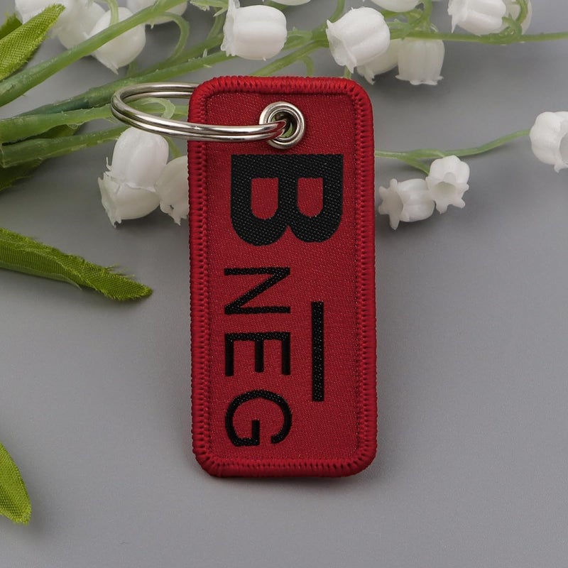 1 PCS Blood Type NEG Keychain Tag, Red Canvas Label, 2.56 x 1.22 inches (B-)